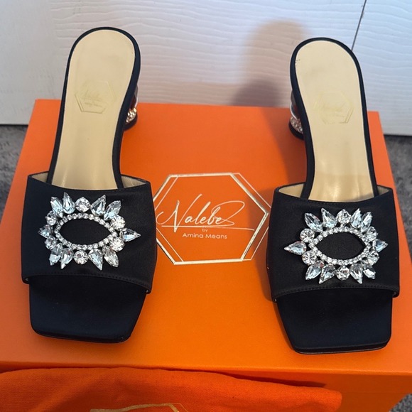 Nalebe Shoes - Nalebe Aurum 50mm Black Satin Crystal Embellished Mule Sandals Size 36